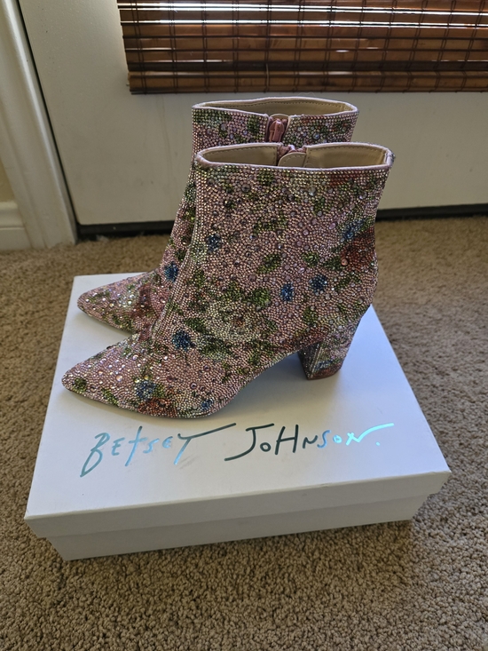 Betsey Johnson Shoes - Betsey Johnson Pink Crystal Floral Ankle Boots
